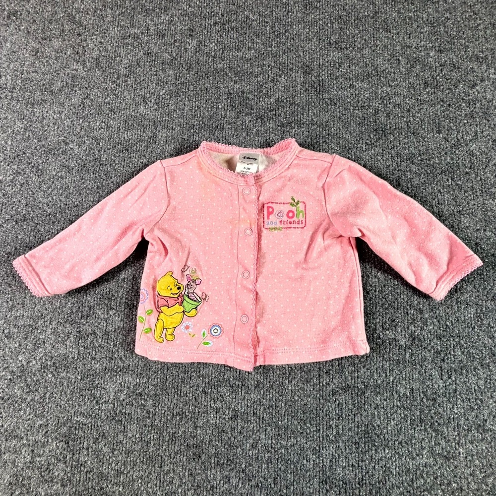 VTG Disney Winnie The Pooh Cardigan Sweater Toddler 3M Pink Cotton Embroidered